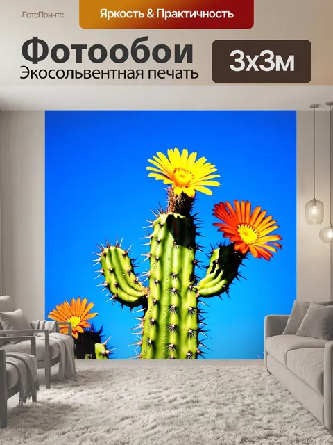 Фотообои фотореалистичный снимок кактуса на фоне яркого голубого неба