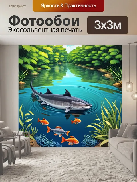 Фотообои в экзотической реке, окруженной зелеными деревьями, европейский осетр выныривает на поверхность, создавая…