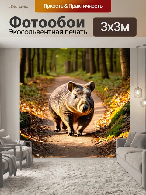Фотообои вомбата, гуляющий по лесной тропе, покрытой листвой и мхом, в утреннем свете, создавая атмосферу покоя