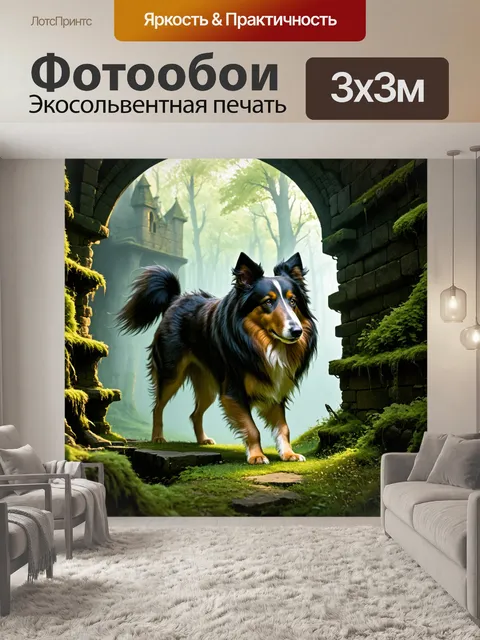 Фотообои грубая колли, исследующая древний заброшенный замок в лесу, с мхом и лианами, обвивающими стены