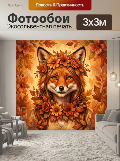 Фотообои Лиса в венке из осенних цветов