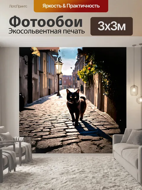 Фотообои черная кошка, грациозно шагающая по старой, усталой мостовой, на фоне ярких фонарей и уличных растений