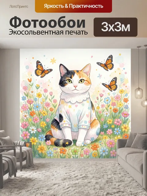 Фотообои Котенок среди цветов и бабочек
