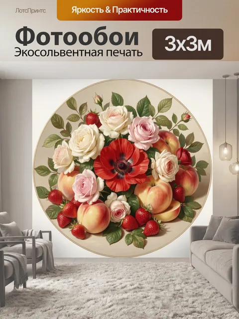 Фотообои Цветочный натюрморт с персиками и клубникой