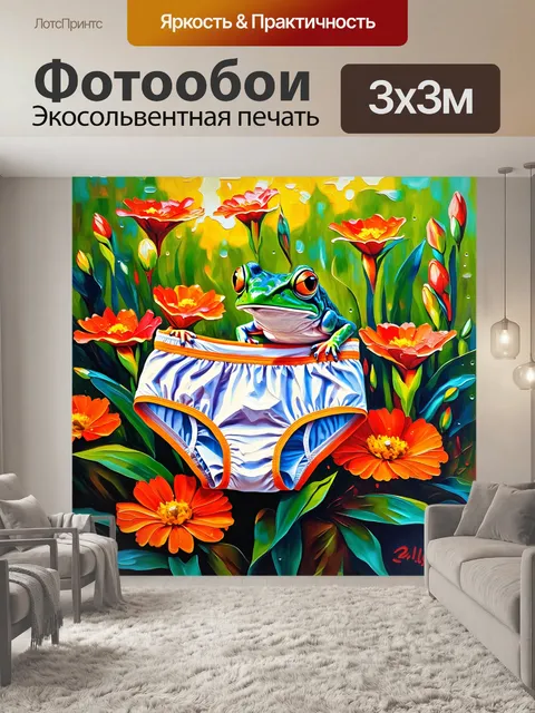 Фотообои лягушки на утренней росе, разглядывающие крошечные трусы, выставленные на струи распустившихся цветов