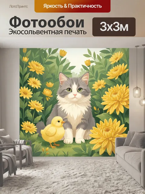 Фотообои Серый кот и цыпленок в цветах