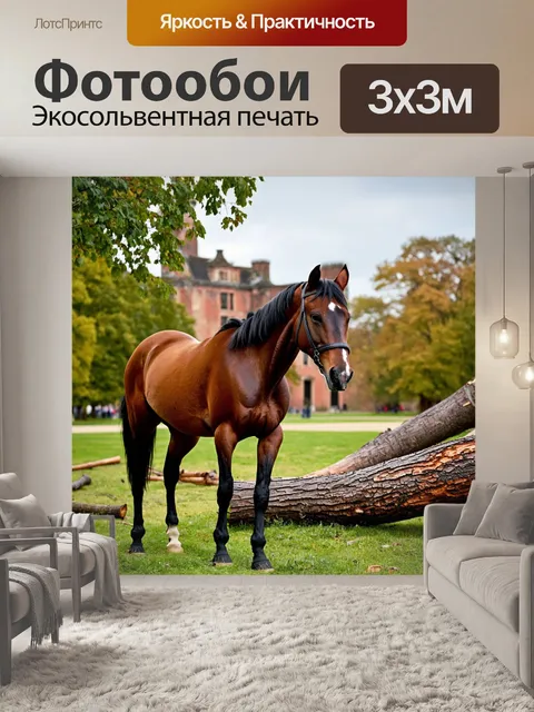 Фотообои лошадь на фоне старого парка, с обрушившимися деревьями