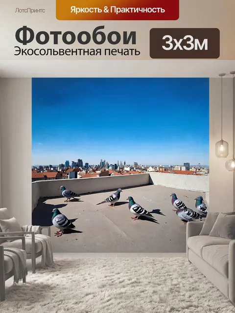 Фотообои голуби, прогуливающиеся по солнечной крыше с видом на городской пейзаж, сфотографированные с использованием…