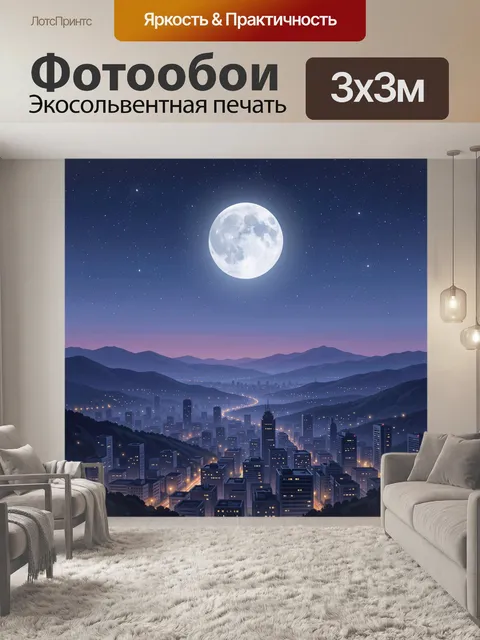 Фотообои Лунный ночной город среди гор
