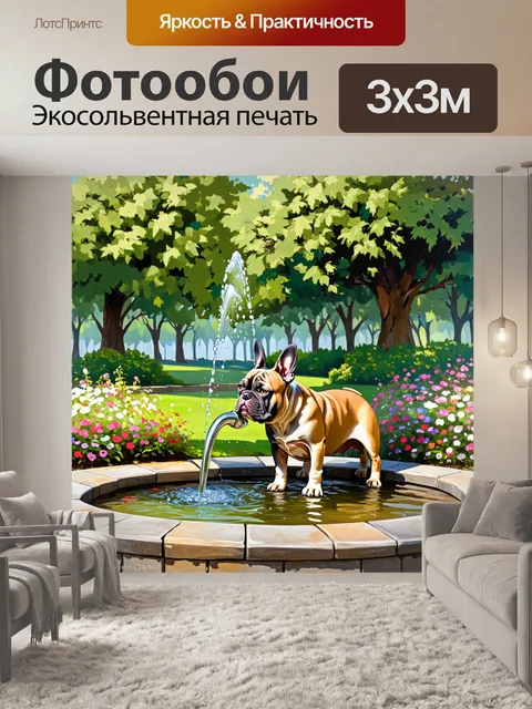 Фотообои фонтан в старом парке, где французский бульдог пьет воду из крана, окруженный зелеными деревьями и цветами