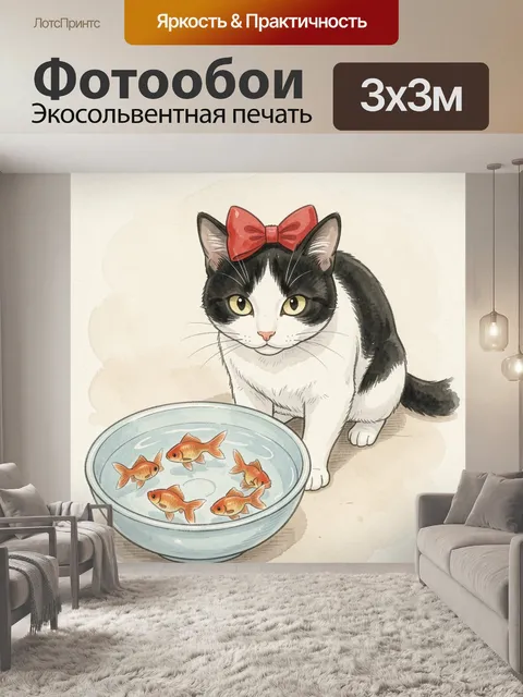Фотообои Черно-белая кошка с бантом
