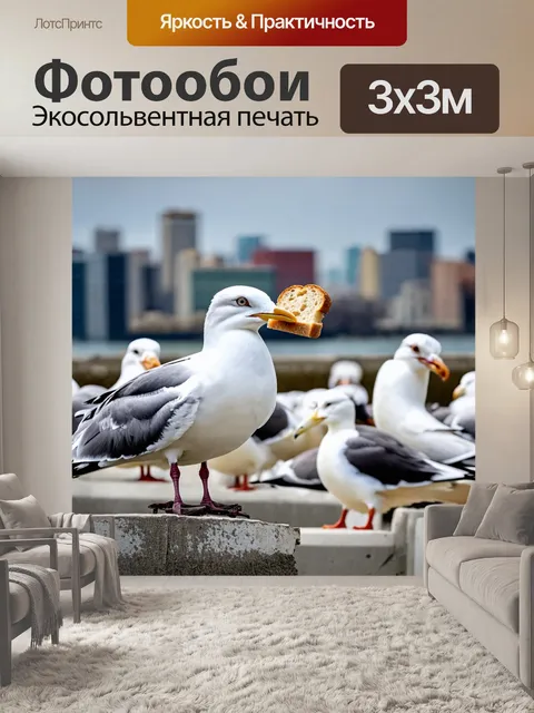 Фотообои чайка, держащая в клюве кусочек хлеба, группа других птиц вокруг, городской пейзаж на фоне, яркие детали