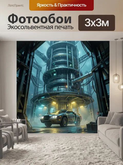 Фотообои Футуристический автомобиль в индустриальном ангаре