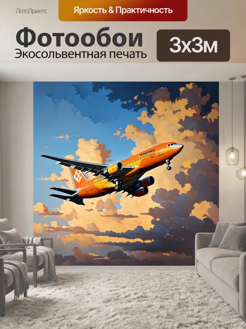 Фотообои взлетающий боинг с закатным небом на фоне, выполненный в технике масляной живописи