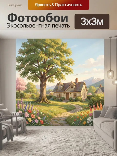Фотообои Домик у цветущей дорожки и клена