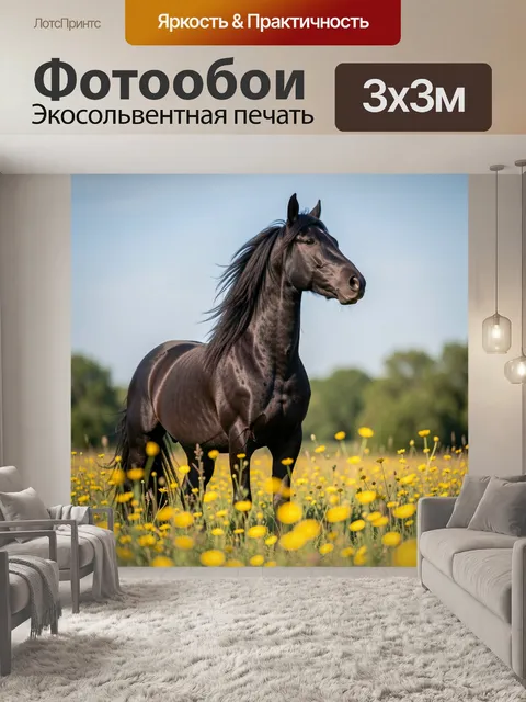 Фотообои Черный жеребец в цветочном поле