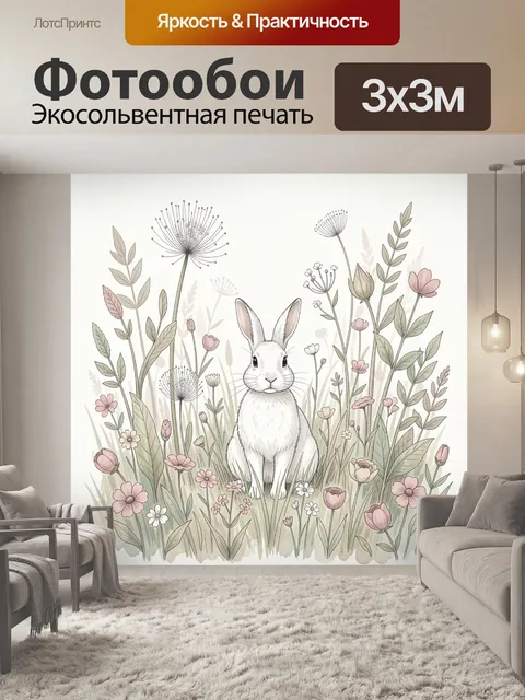 Фотообои Заяц среди полевых цветов