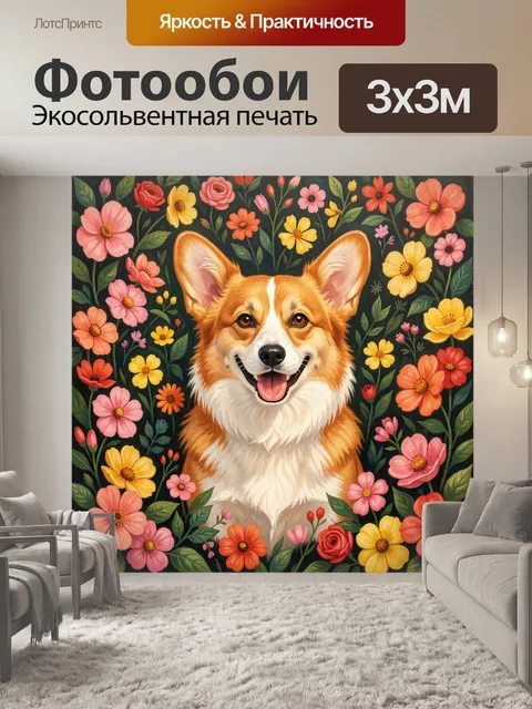 Фотообои Улыбающийся корги среди цветов