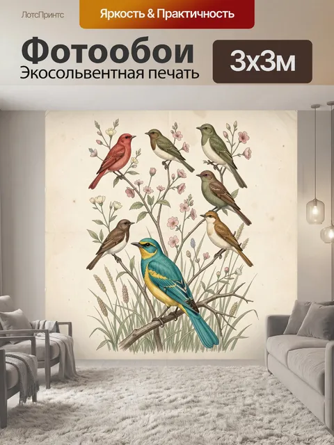 Фотообои Винтажные птицы на цветущих ветках