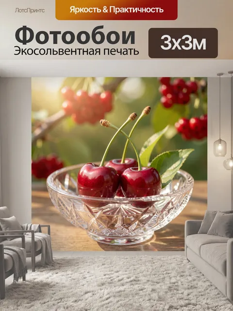 Фотообои Спелые вишни в хрустальной вазе