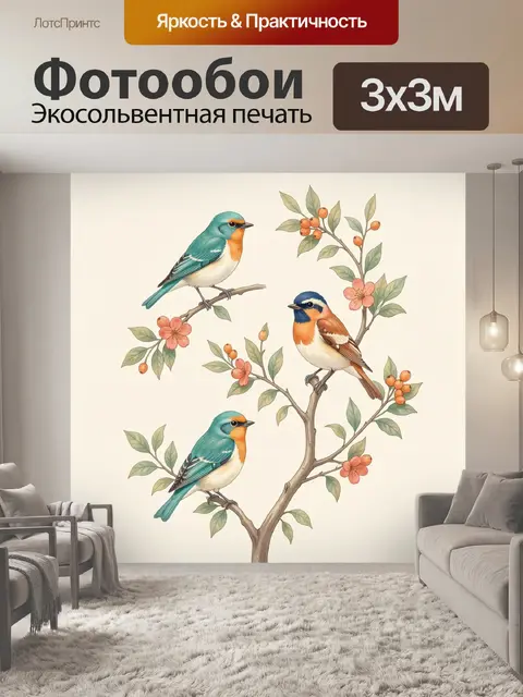 Фотообои Три певчие птицы на ветвях
