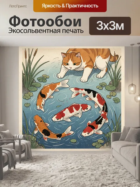 Фотообои Кошка у пруда с карпами