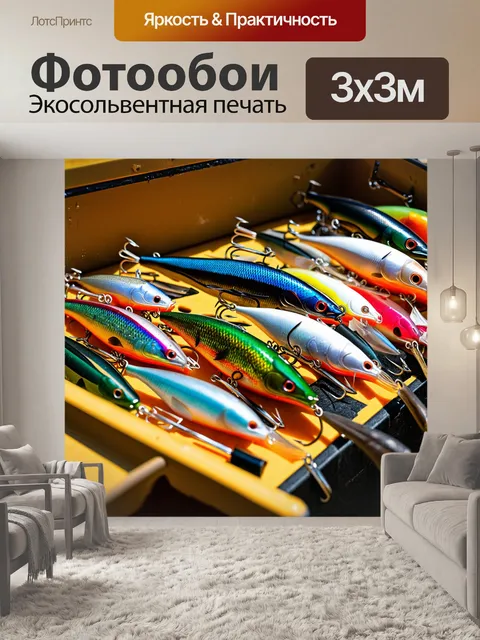 Фотообои приманки, аккуратно расставленные в специальном органайзере, под солнечными лучами, с детализированным…