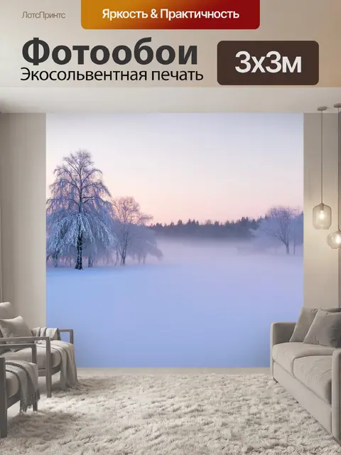 Фотообои прекрасное зимнее утро с легким туманом, поднимающимся над снегом