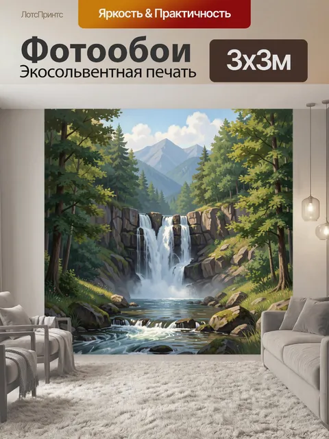 Фотообои Горный водопад в лесу