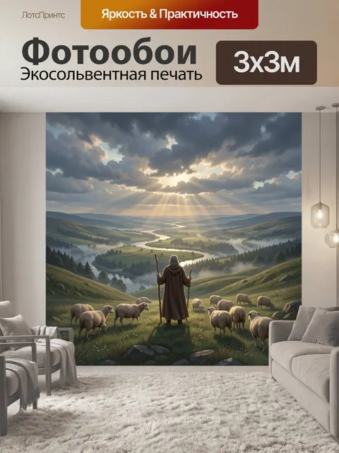Фотообои Пастух с овцами в долине