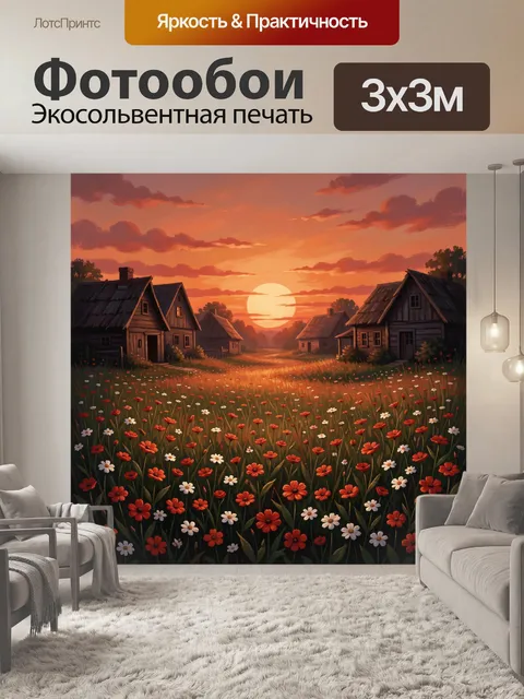 Фотообои Цветочное поле и деревенский пейзаж
