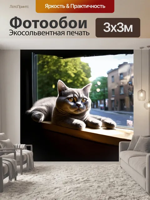 Фотообои на окне, полулежа на подоконнике, британская короткошерстная кошка, с опухшими глазами и слегка подмятой…
