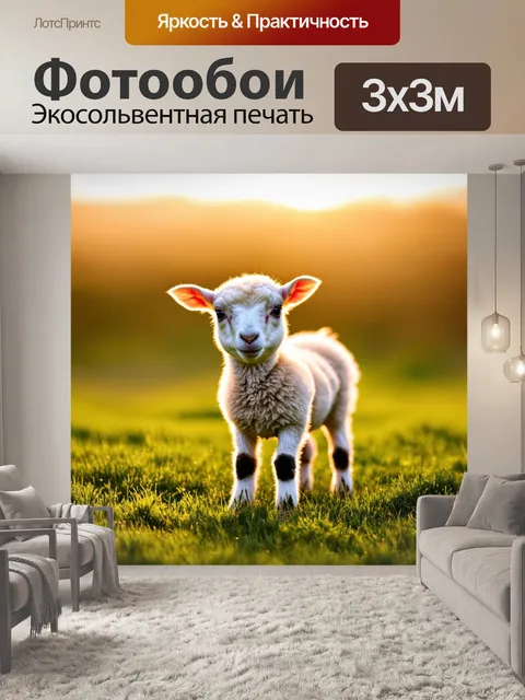 Фотообои Молодой ягненок на зеленом поле, окружённый мягкими солнечными лучами, создающий тёплую и уютную атмосферу