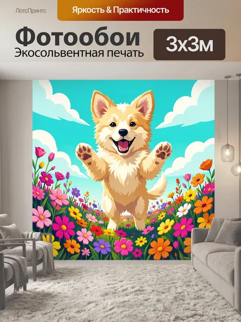 Фотообои Счастливый щенок в цветочном поле