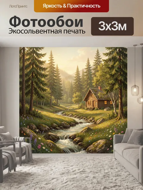 Фотообои Лесной домик у горного ручья