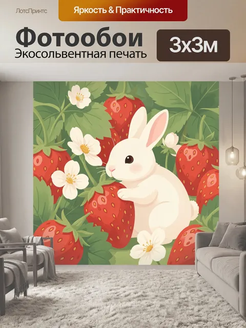 Фотообои Кролик среди клубники и цветов