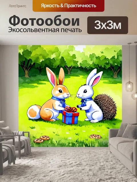Фотообои создайте сцену, где зайцы и ежи устраивают совместный праздник на лужайке, обмениваясь лакомствами и подарками