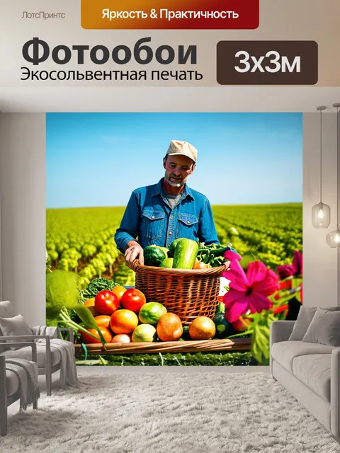 Фотообои фермер на поле, собирающий свежий урожай овощей и фруктов в корзину с яркими цветами вокруг