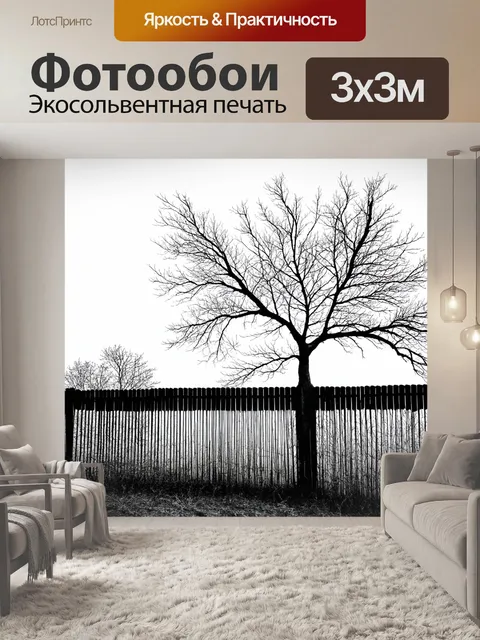 Фотообои черно-белый: ветка дерева, обвивающаяся вокруг заброшенного забора
