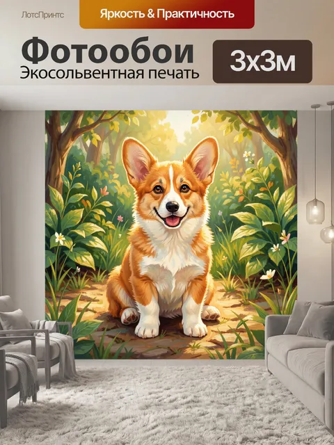 Фотообои Рыжий корги в лесной чаще