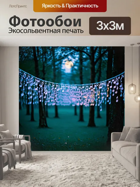 Фотообои гирлянды из нот, висячие среди деревьев в лесу, переливающиеся под светом луны