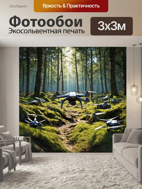Фотообои в густом лесу, трутень заблудился в пересеченной местности, окруженный множеством беспилотных аппаратов…