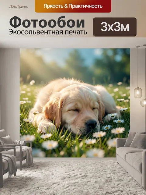 Фотообои Спящий щенок среди ромашек