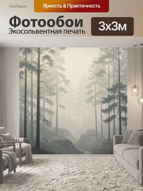 Фотообои Туманный лес с соснами и камнями