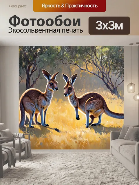 Фотообои охота на кенгуру в австралийском буше с типичными растениями и утренним туманом