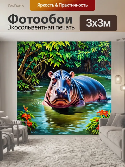 Фотообои огромный бегемот, погруженный в реки африки, окруженный деревьями и лианами, создающими атмосферу…