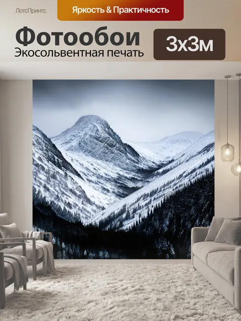 Фотообои черно-белый изображают морозный пейзаж гор, покрытых снегом, отражающим мелкие детали ледяных кристаллов