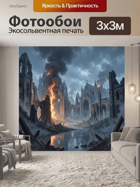 Фотообои Разрушенный готический город в огне