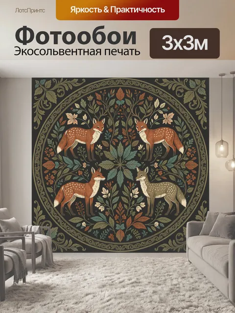 Фотообои Лисы в цветочном медальоне
