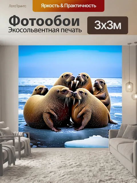 Фотообои промт: "на просторах замерзающего моря, группа моржей скопилась на льду, капли воды искрятся на их шкурах